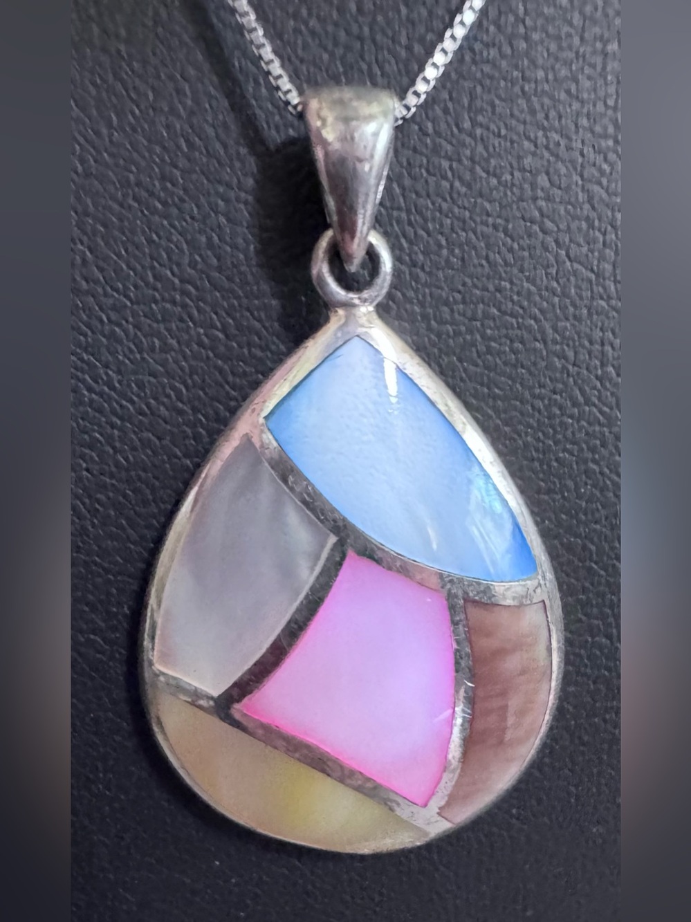 Sterling-Inset Mother of Pearl Teardrop Pendant Necklace - Pink & Blue